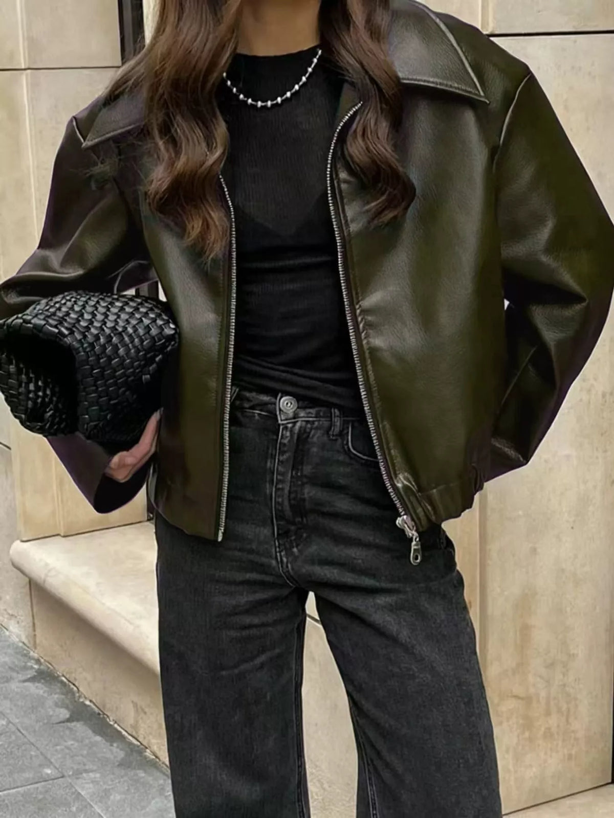 Vintage Faux Leather Zip-Up Jacket — front view