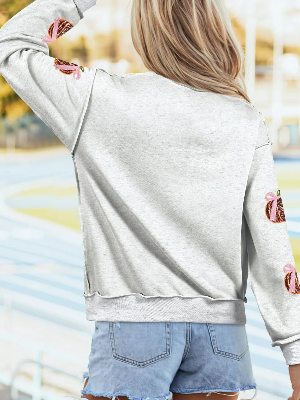Gray pumpkin print thanksgiving sequin pumpkin sweatshirt — back view