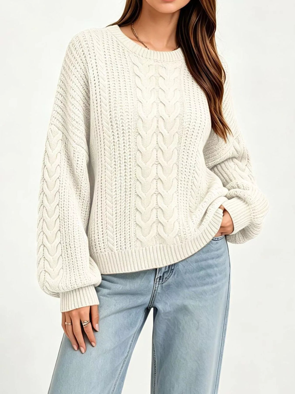 Trendsi Chunky Cable Knit Round Neck Sweater -