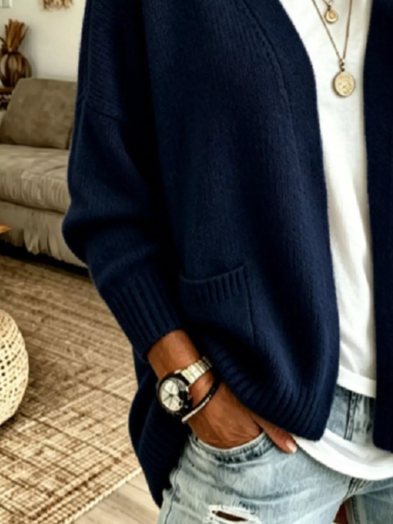 Trendsi Open Front Knit Cardigan with Pockets -