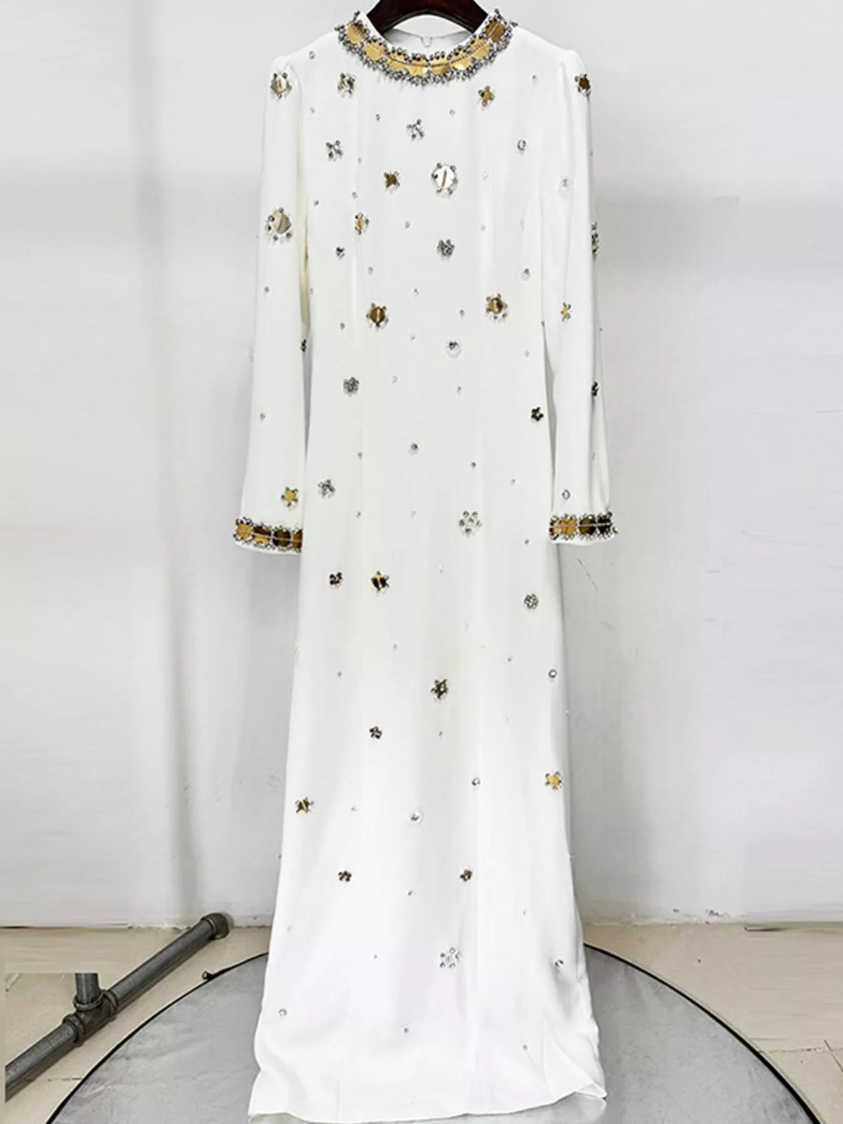 White rhinestone long sleeve maxi evening dress