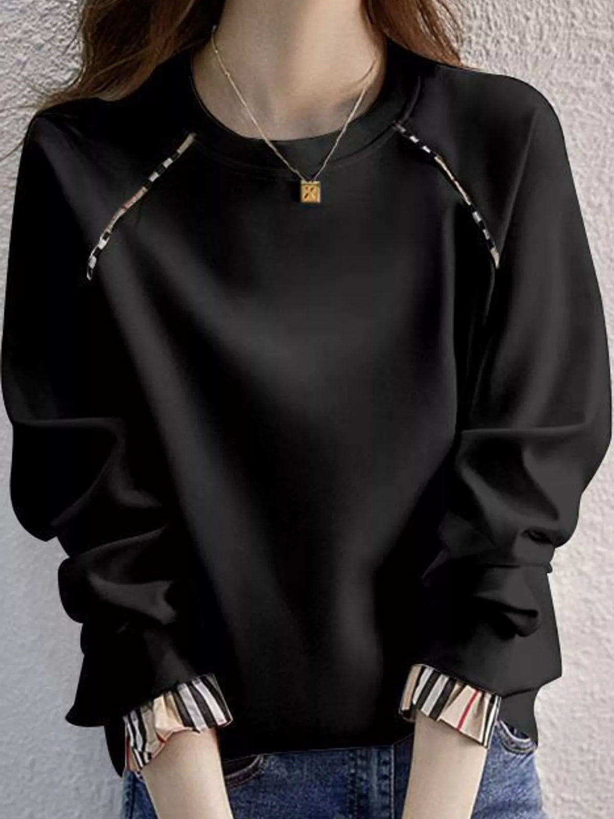 Plaid-trim sweatshirt, black front