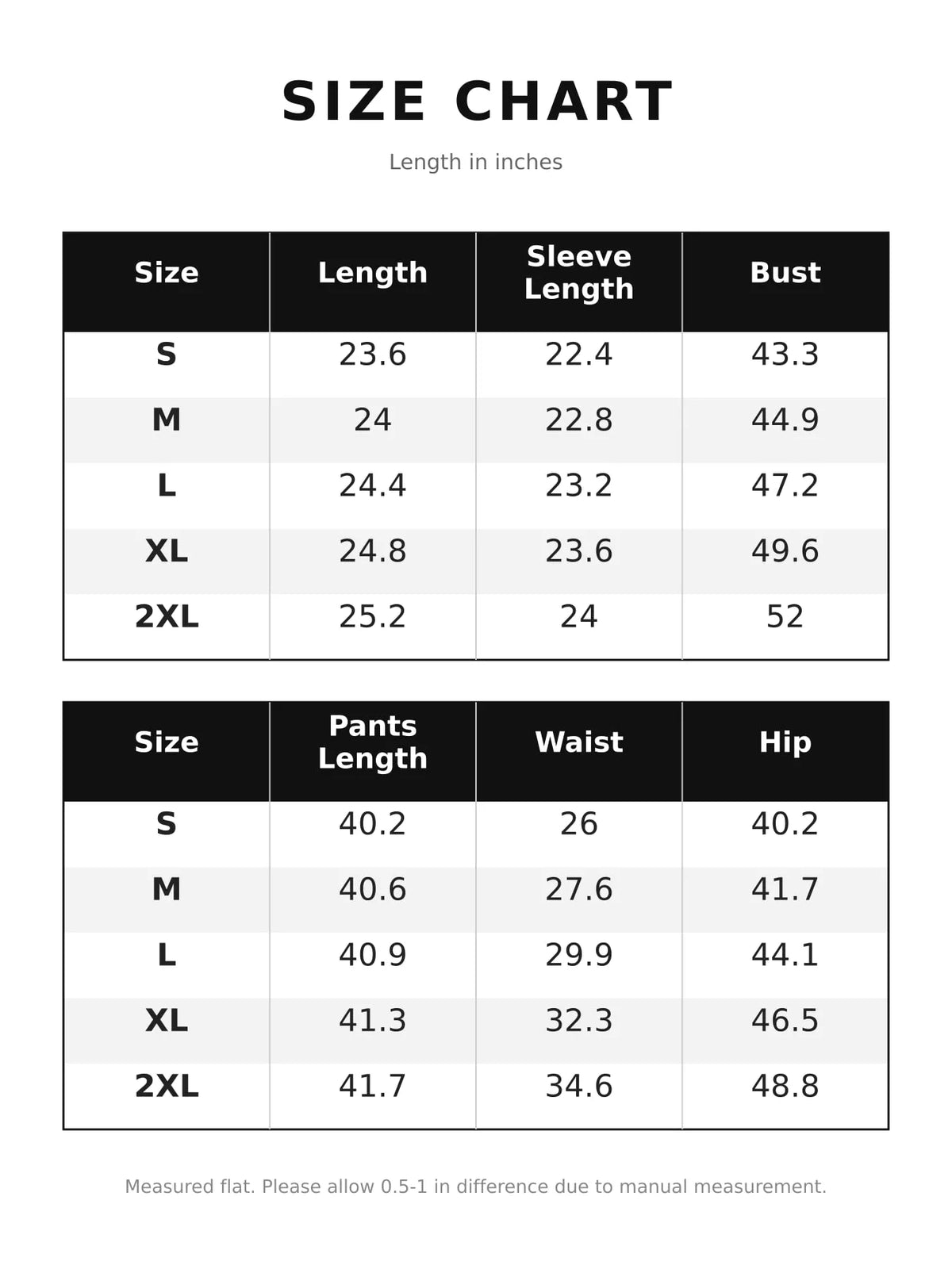Ribbed Knit Top and Wide-Leg Pants Set — size and measurement chart