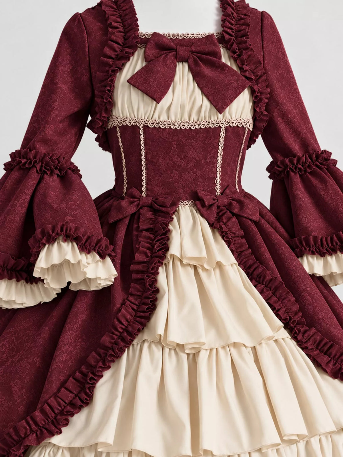 Vintage Lolita Ruffled Layered Dress, detail view in burgundy and cream