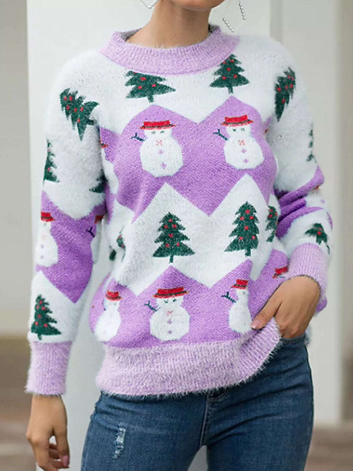 Women's Christmas Snowman Dropped Shoulder Sweater in Purple, front view