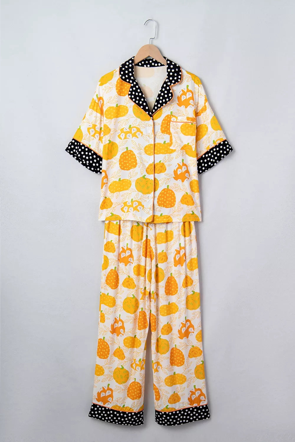 Trendsi Short Sleeve Pumpkin Print Polka Dot Trim Pocket Placket Lounge Set -