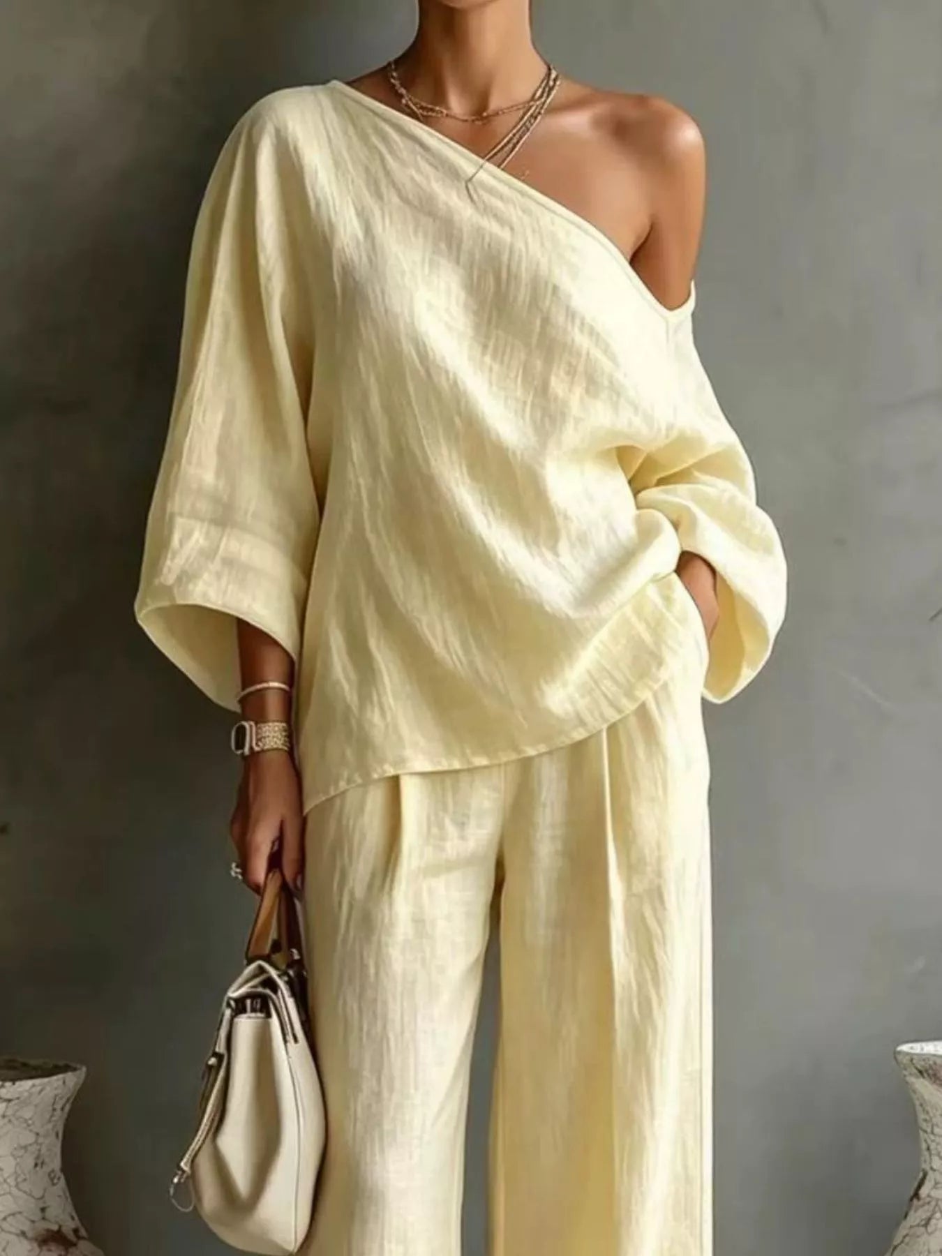 Trendsi One Shoulder Top and Wide Leg Pants Set -