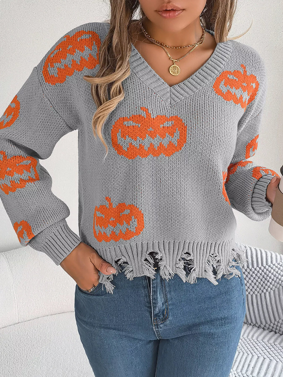 Pumpkin Distressed Hem Sweater in gray, front view