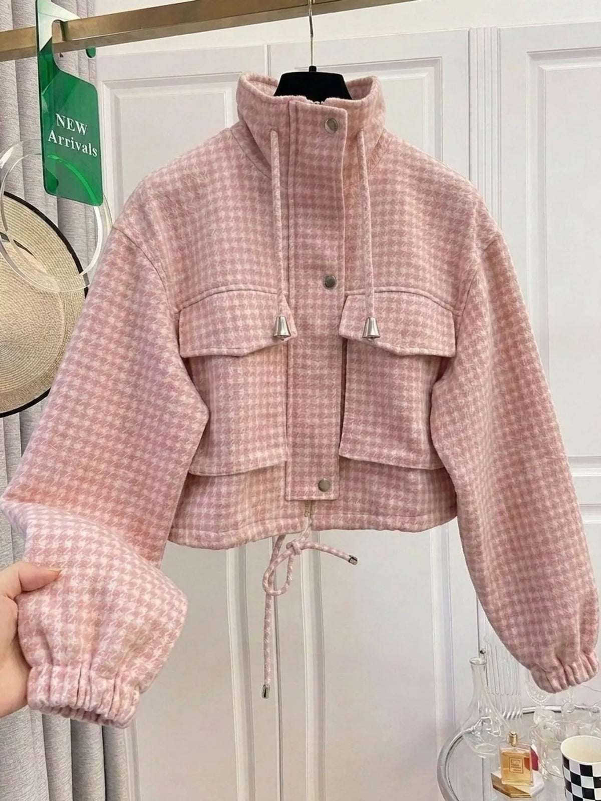 Pink plaid cropped zip-up jacket