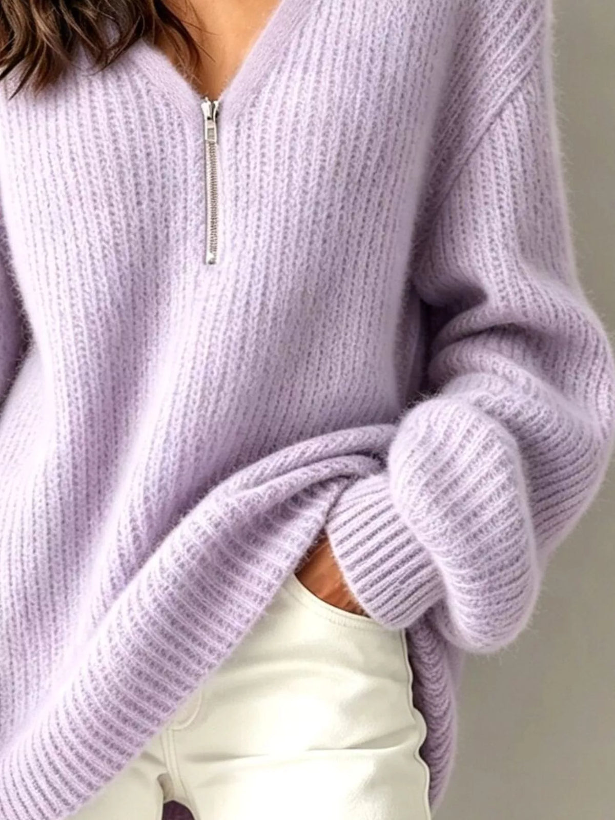 Quarter-zip sweater, purple knit detail