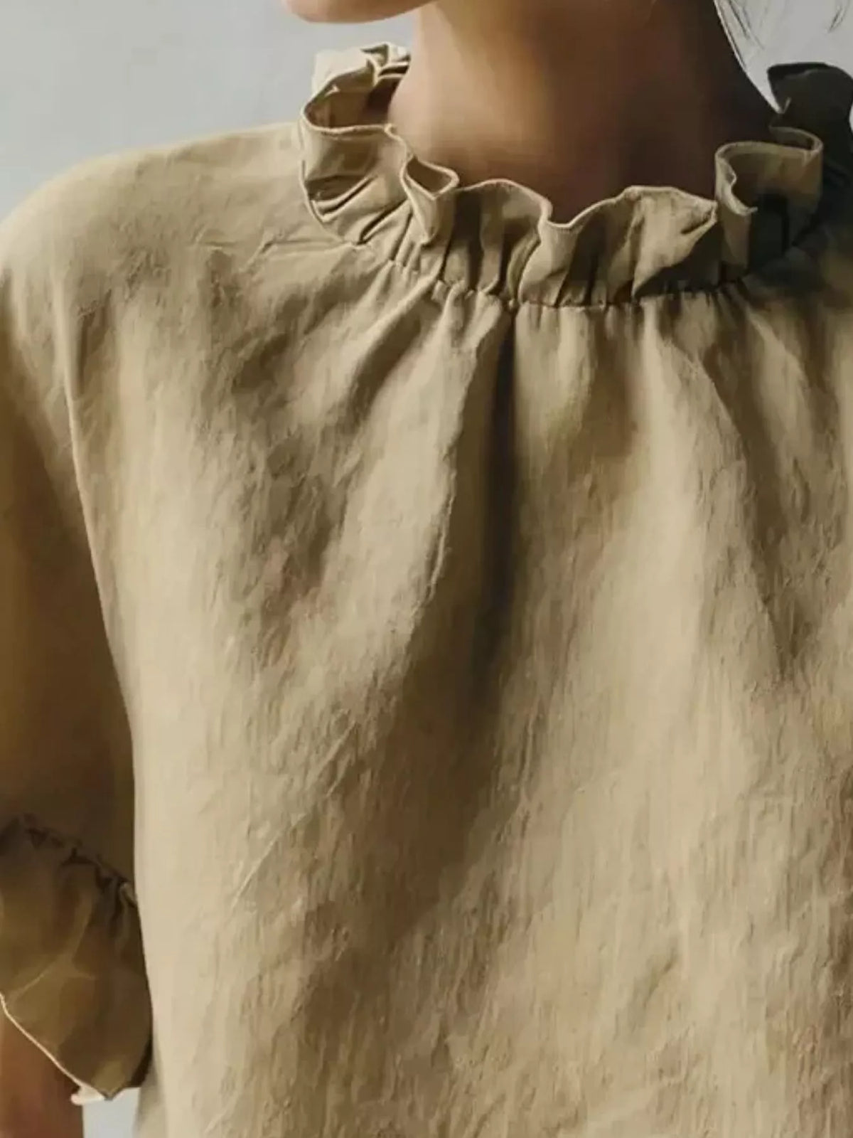 Khaki Color Ruffle-Neck Short Sleeve Blouse, neckline detail