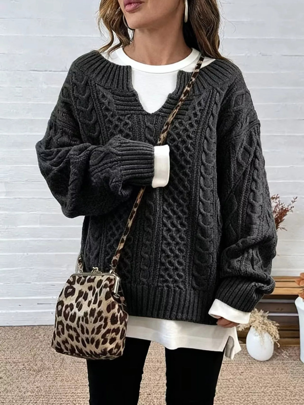 Gray Cable Knit Dropped Shoulder Sweater alternate view