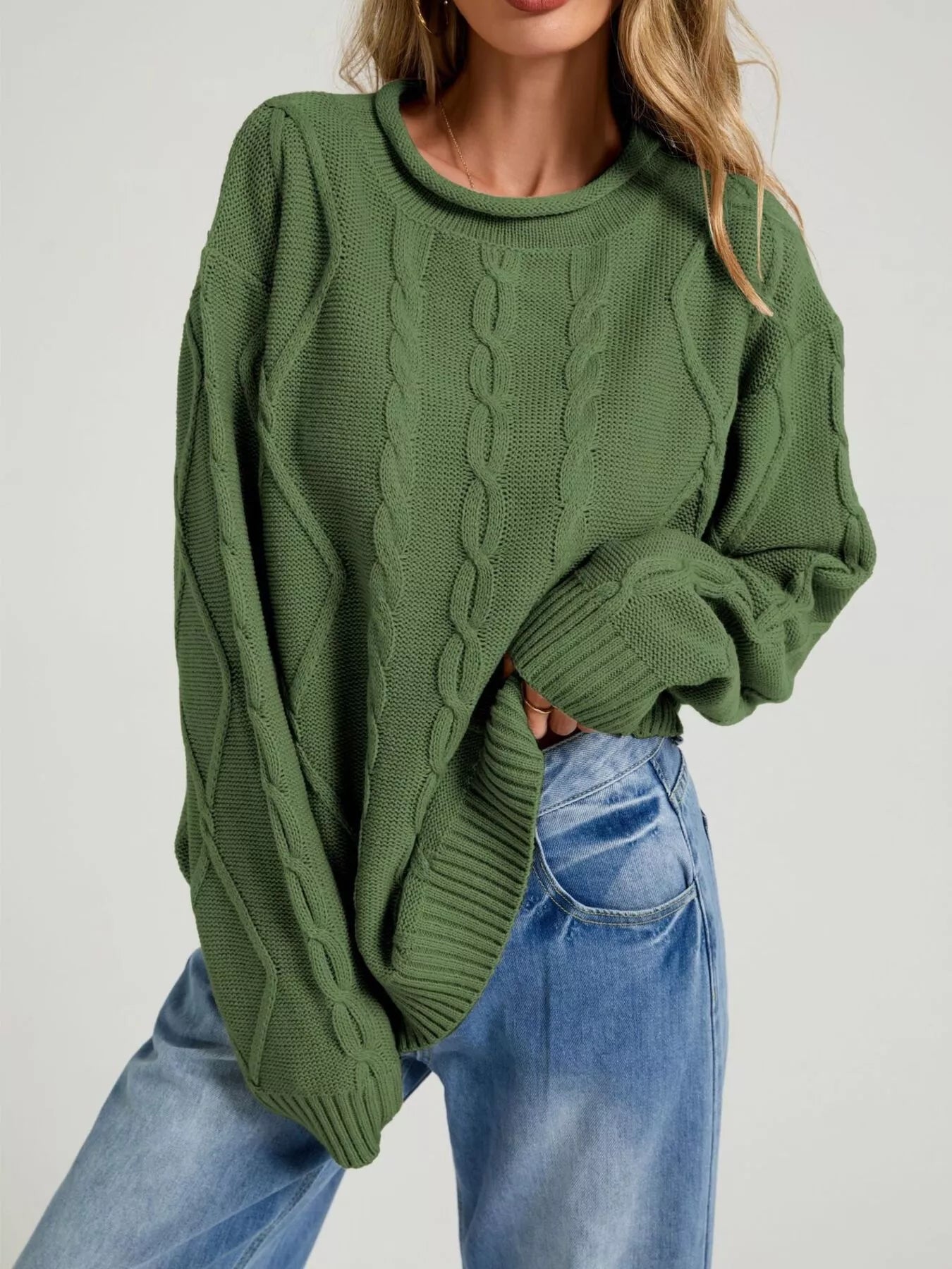 Trendsi Cable Knit Ribbed Hem Sweater -