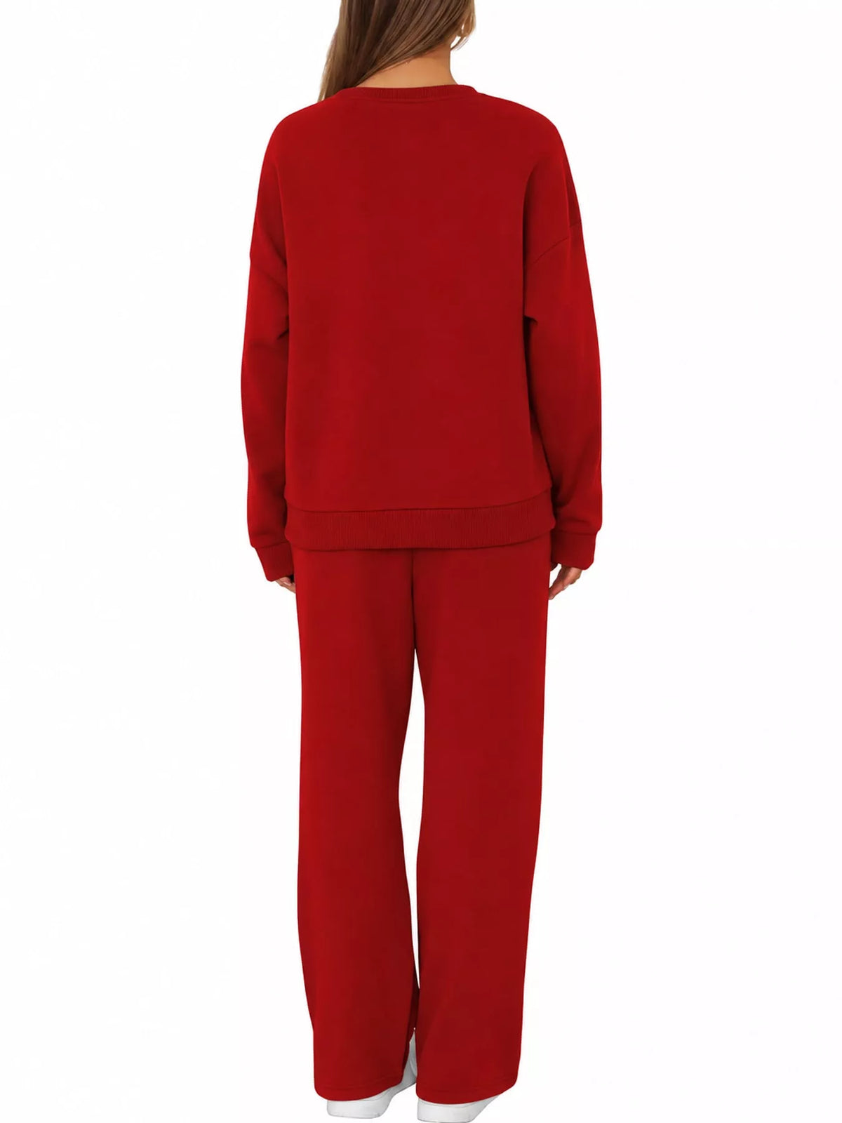 Crewneck Drop Shoulder Sweatshirt and Wide-Leg Pants Set — back view