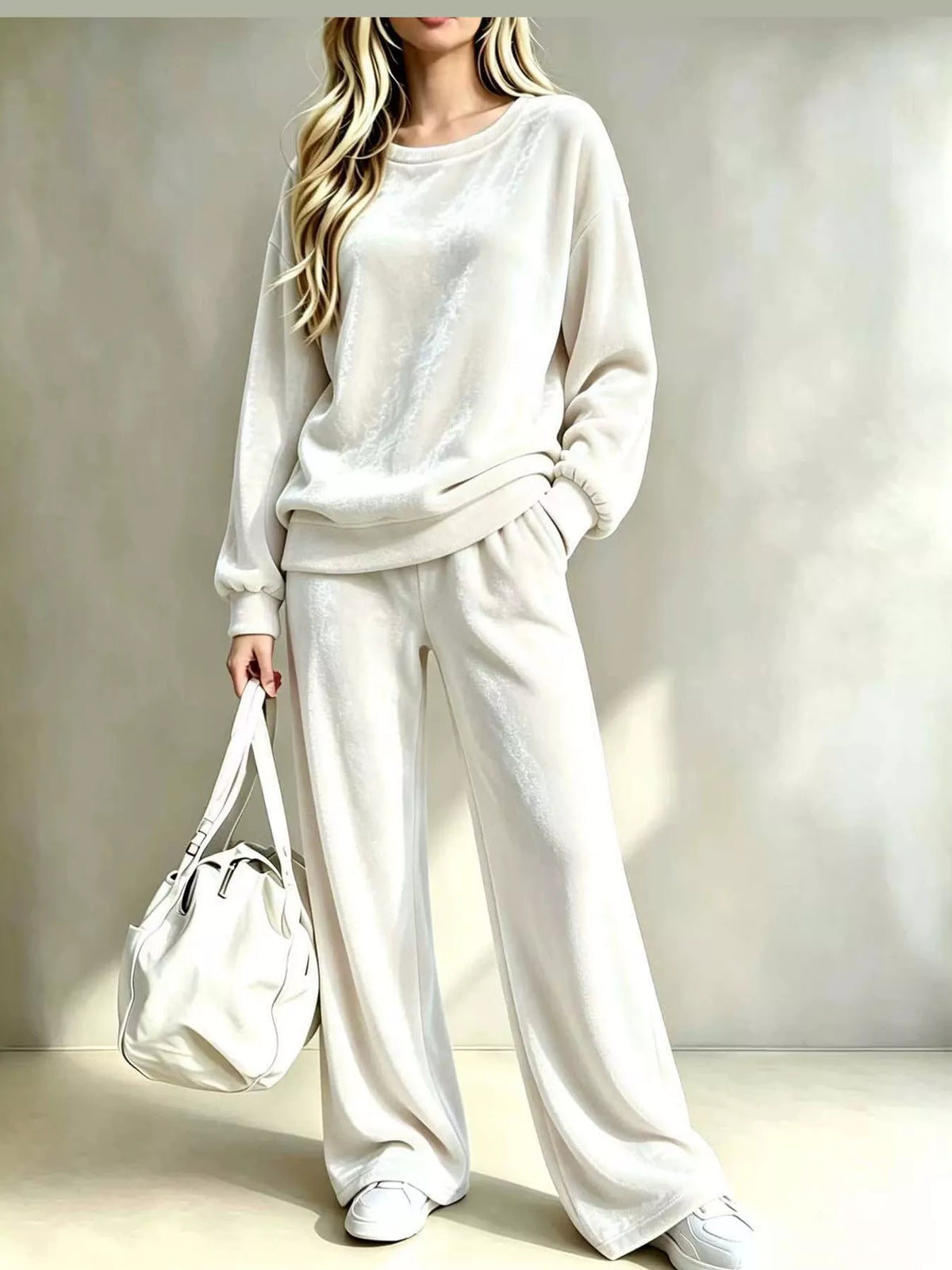 Velour Long Sleeve Top and Wide-Leg Pants Set — front view
