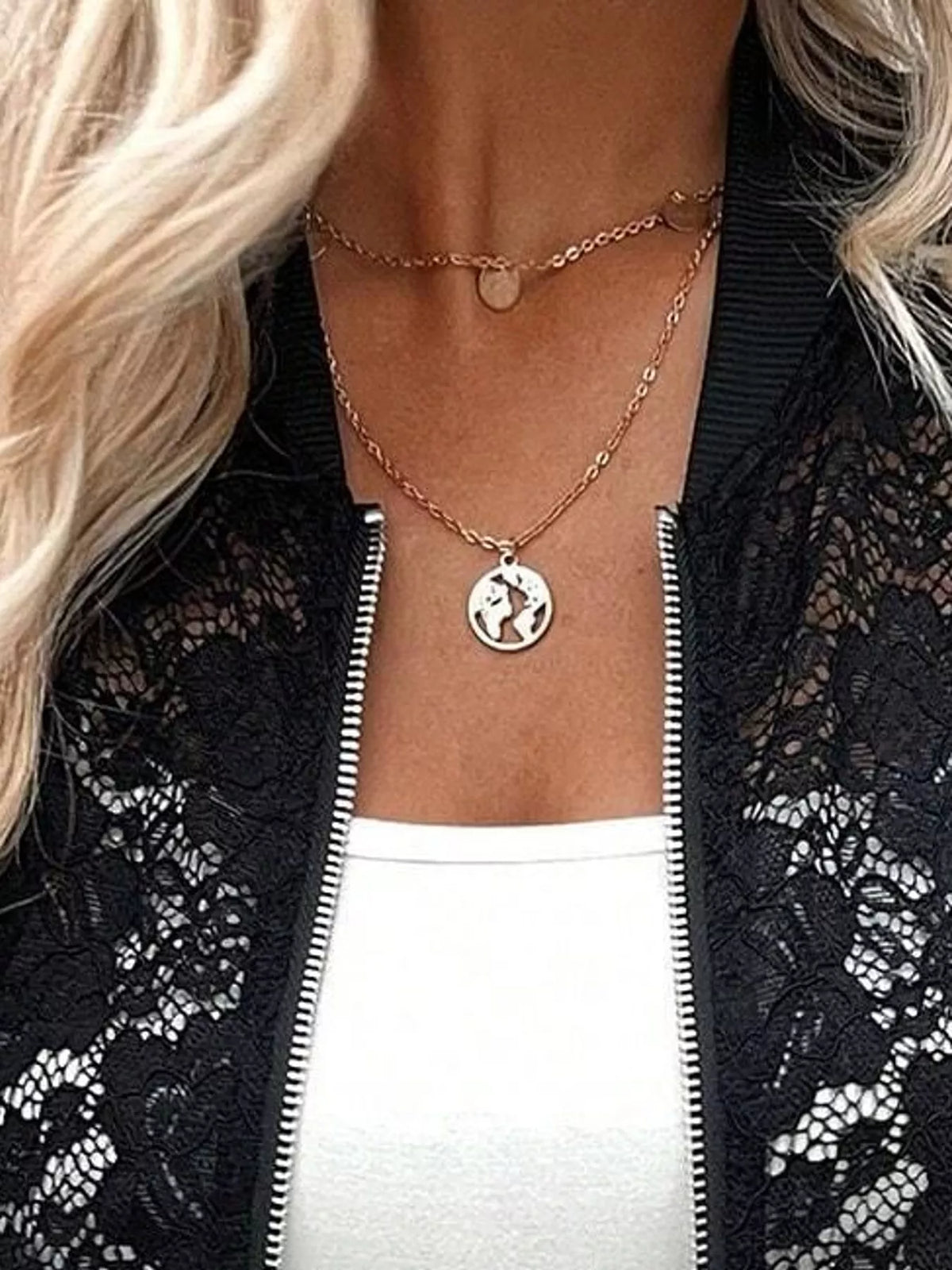 Black sheer lace zip-up jacket, ribbed collar, zipper, and floral lace texture