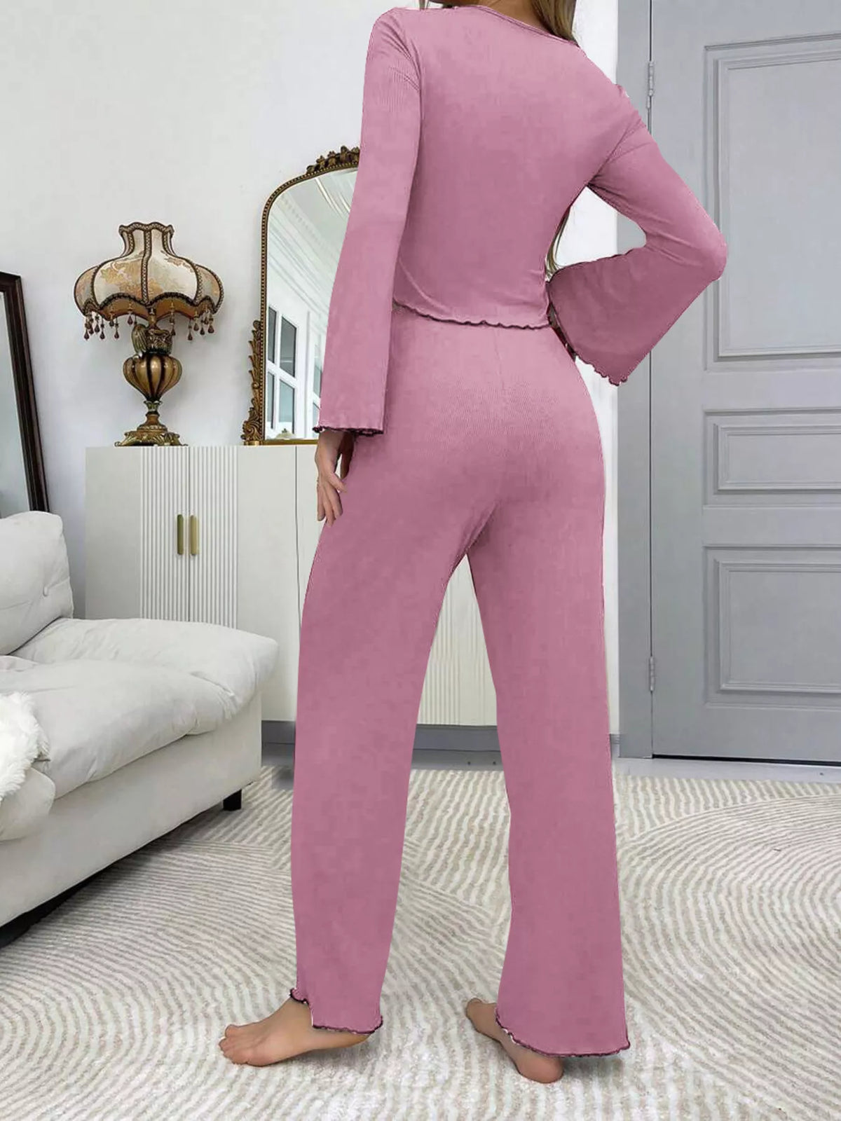 Pink Lace-Trim Flare-Sleeve Top & Pants Lounge Set back view