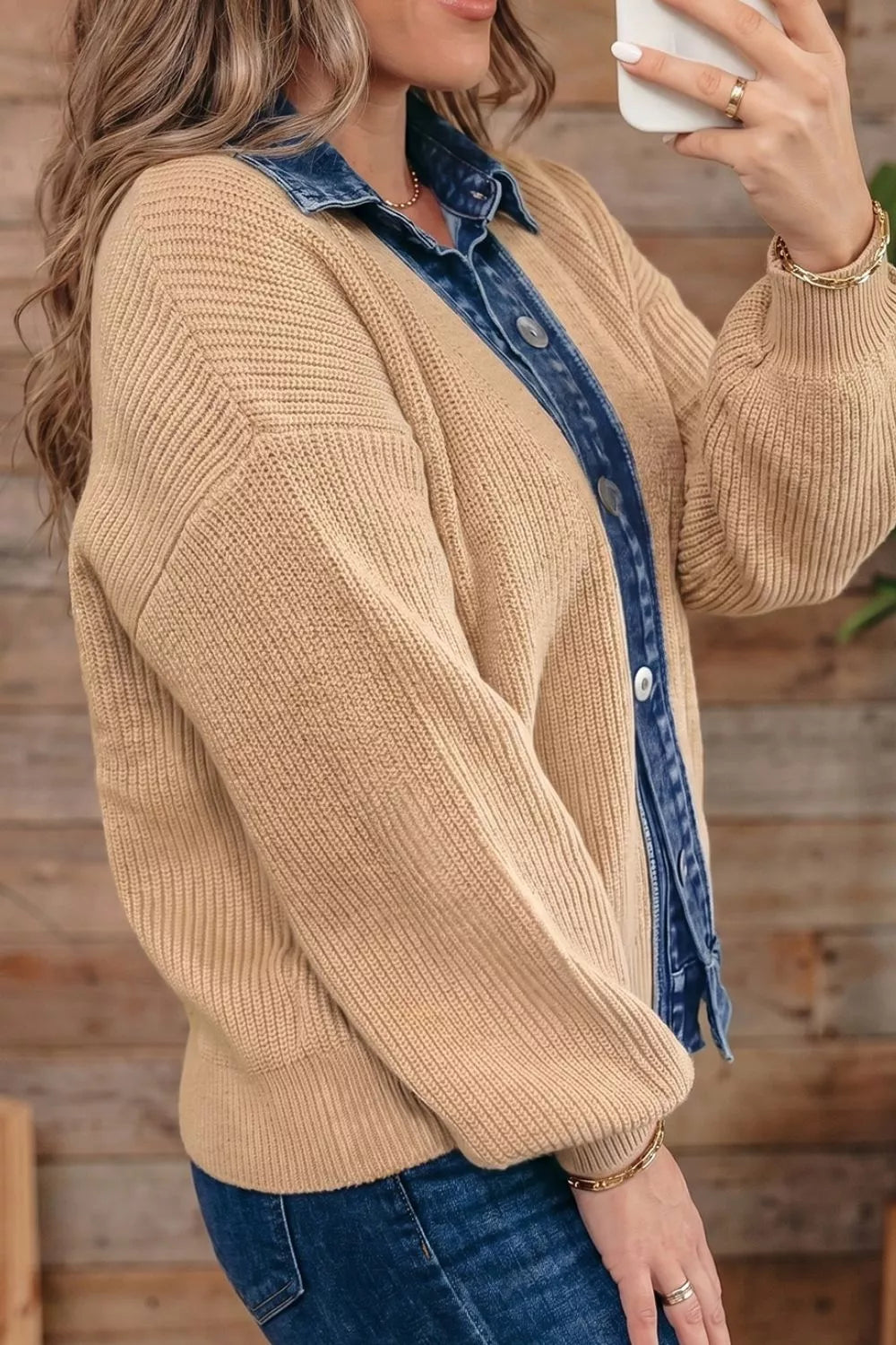 Trendsi Drop Shoulder Placket Paneling Shirt Collar Long Sleeve Cardigan -