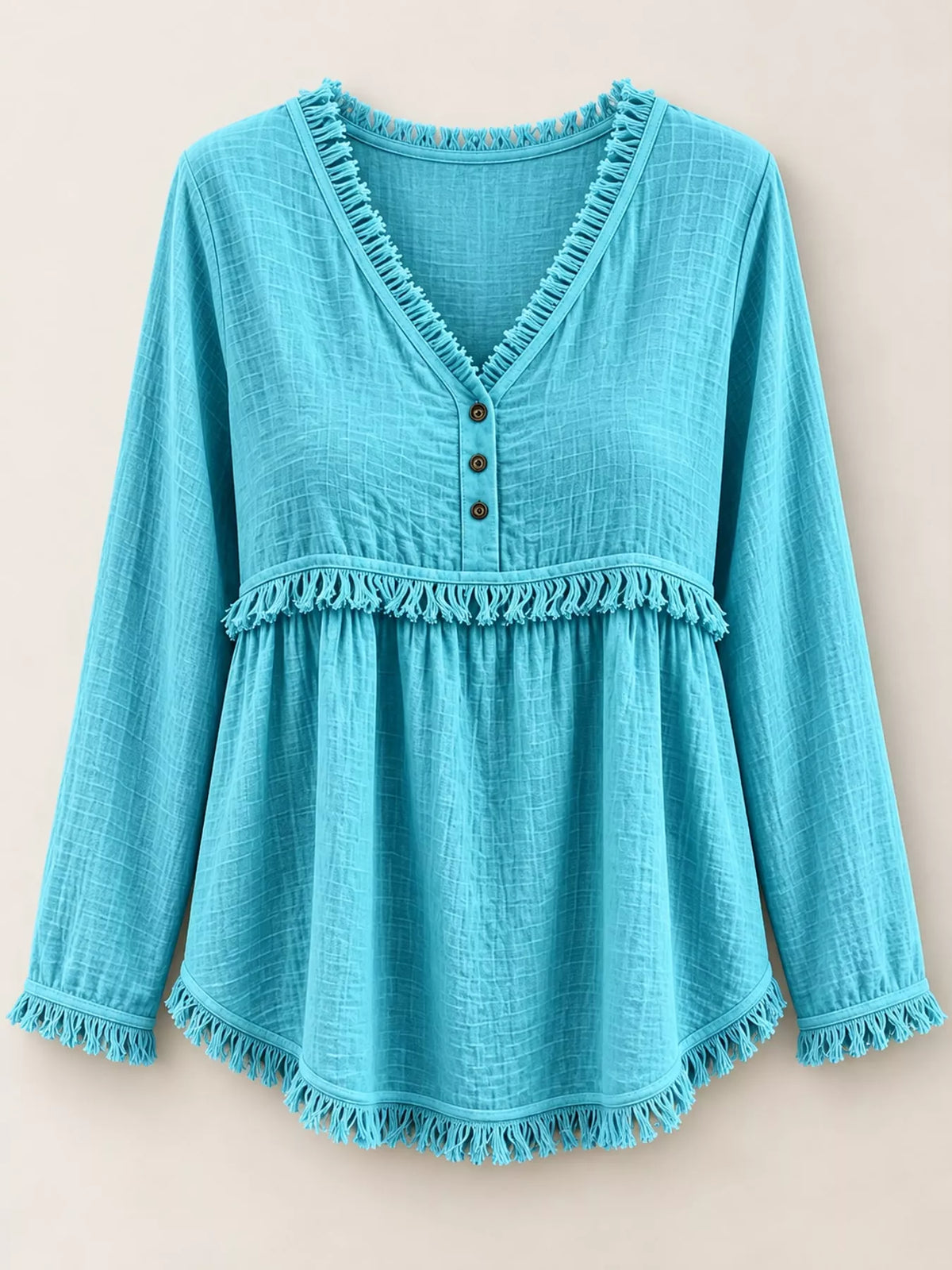 Fringe-trim blouse, turquoise hanging front