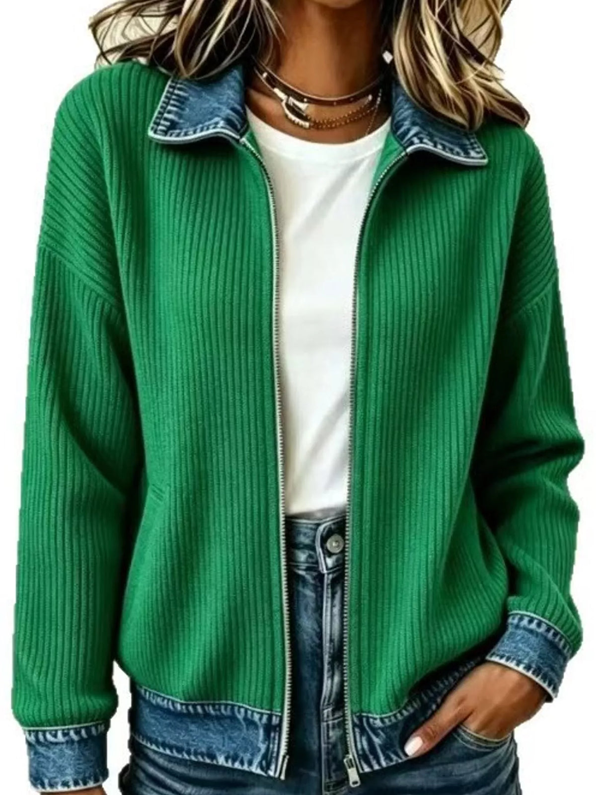 Green denim-collar ribbed knit zip-up jacket — front view