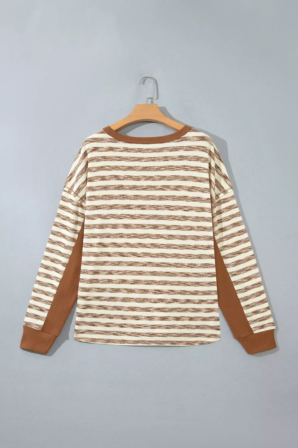 Trendsi Stripe Textured Knit Color Block Trim Long Sleeve Round Neck Top -