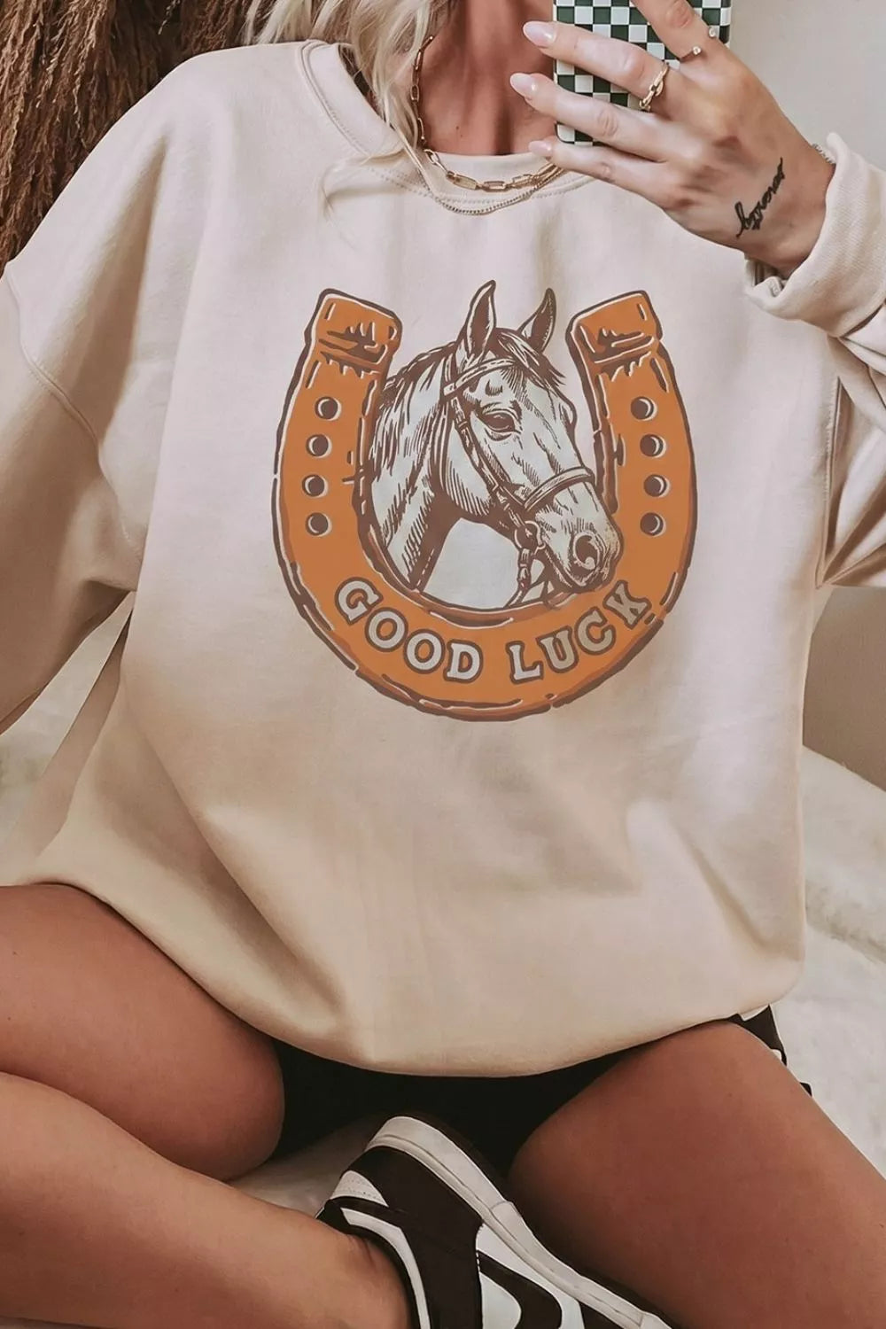 Trendsi GOOD LUCK Western Horse Print Oversized Pullover Sweatshirt -