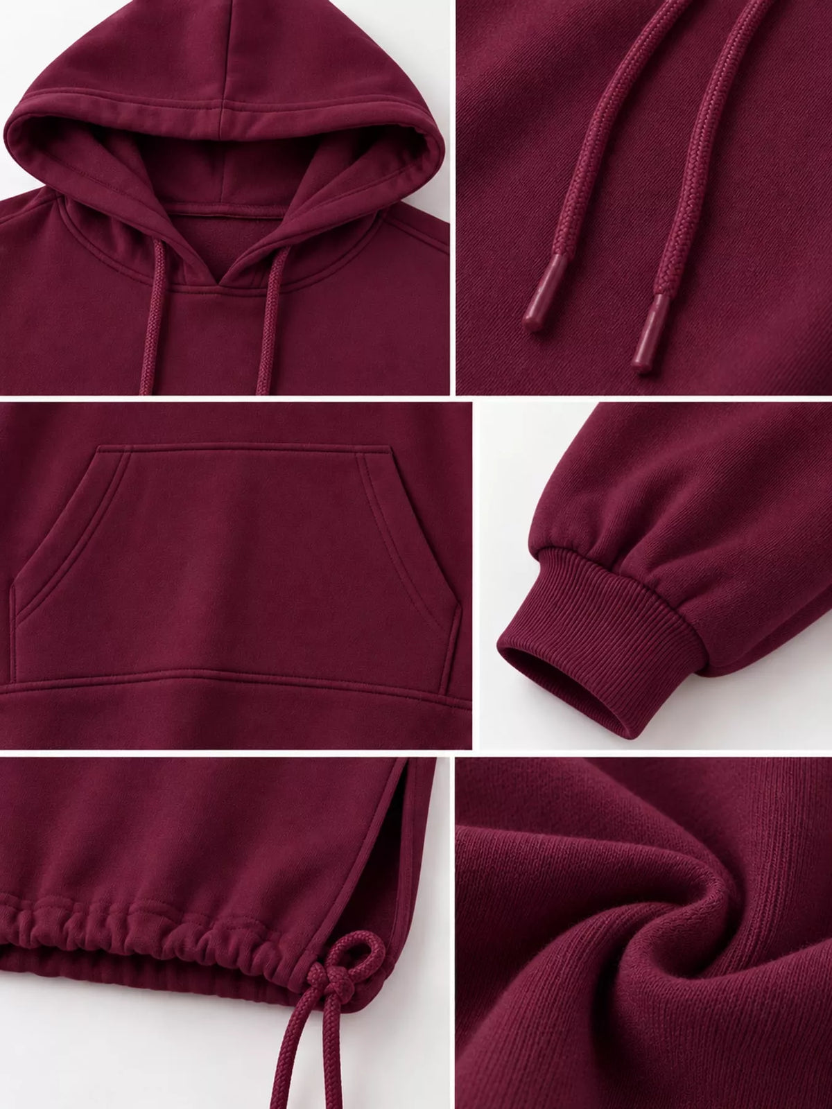 Burgundy hooded sweatshirt midi dress with drawstring hem, detail view