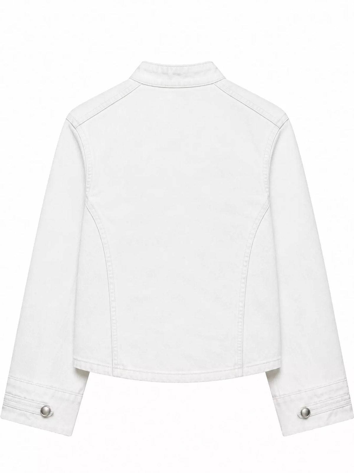 White decorative button cropped denim jacket, back view