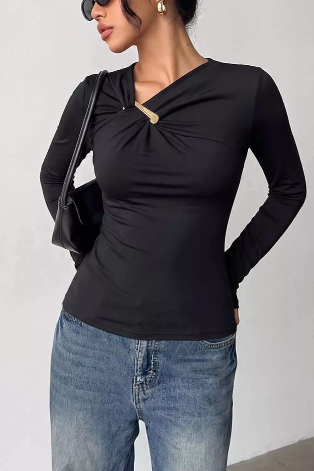 Asymmetric ruched long-sleeve top