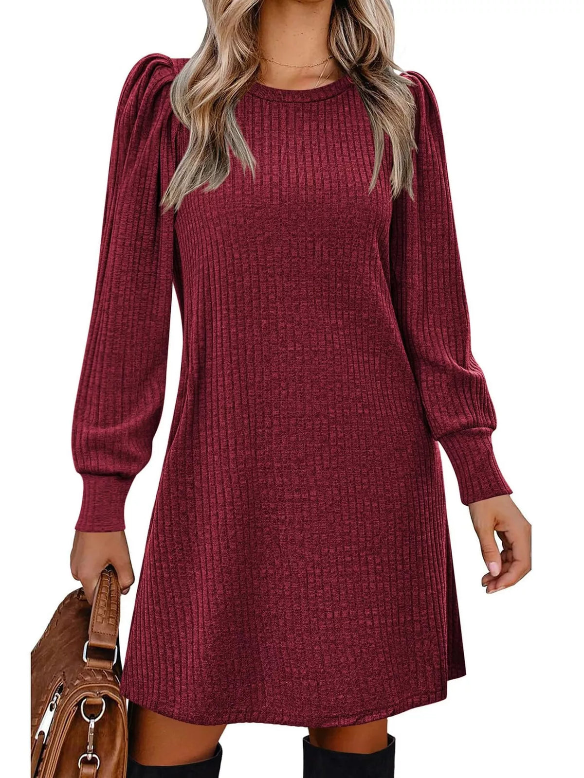 Ribbed puff-sleeve dress, burgundy front