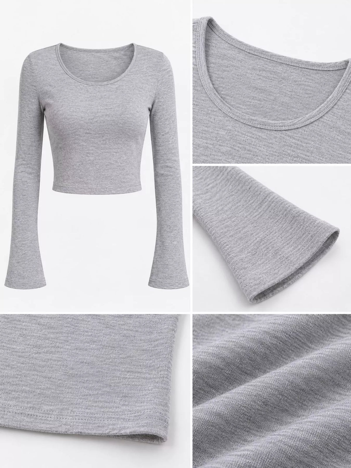 Gray u-neck cropped t-shirt, scoop neckline, sleeve, hem, and fabric close-ups