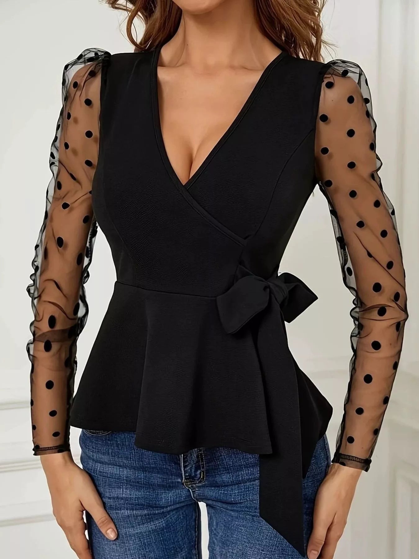 Trendsi Polka Dot Mesh Sleeve Wrap Top -