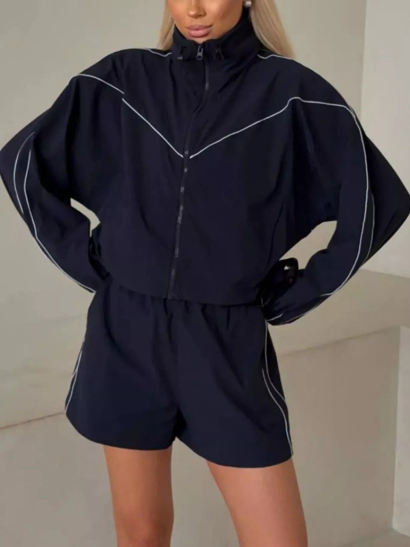 Trendsi Drawstring Zip-Up Jacket and Shorts Set -