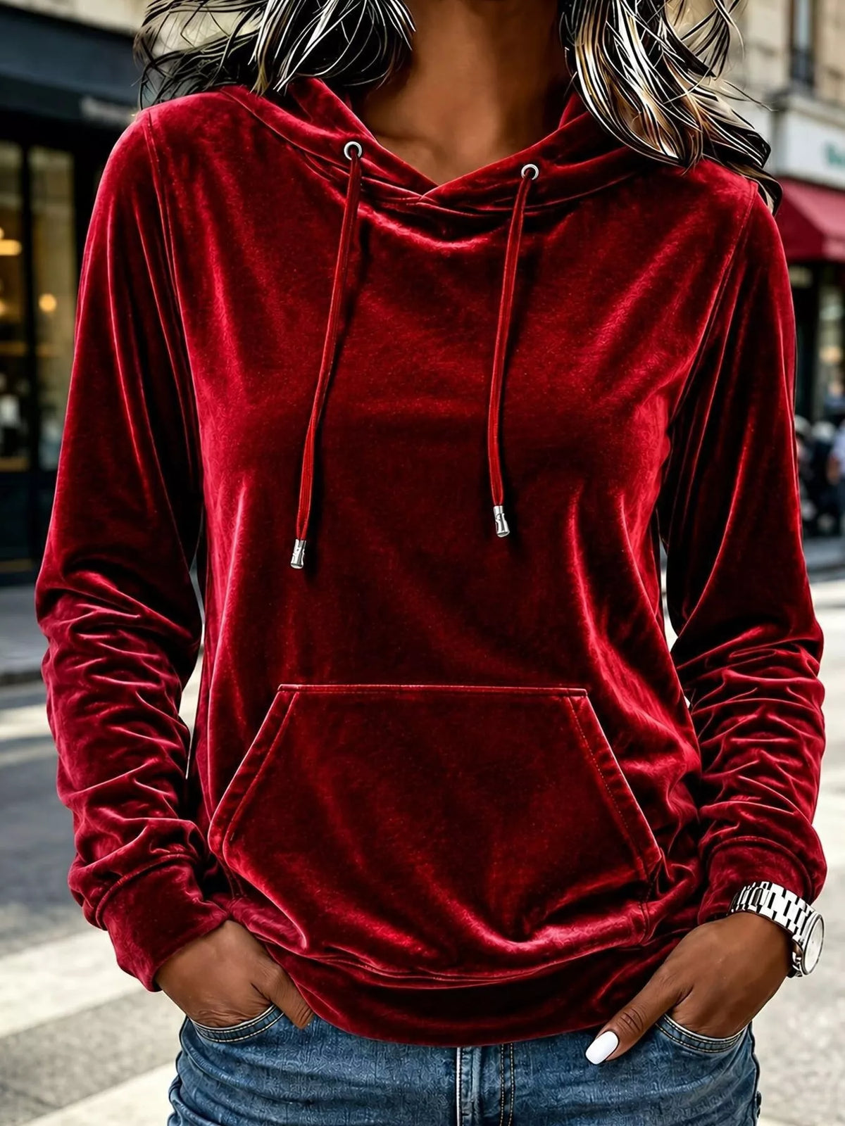 Women's Velvet Kangaroo Pocket Hoodie in Burgundy, front view