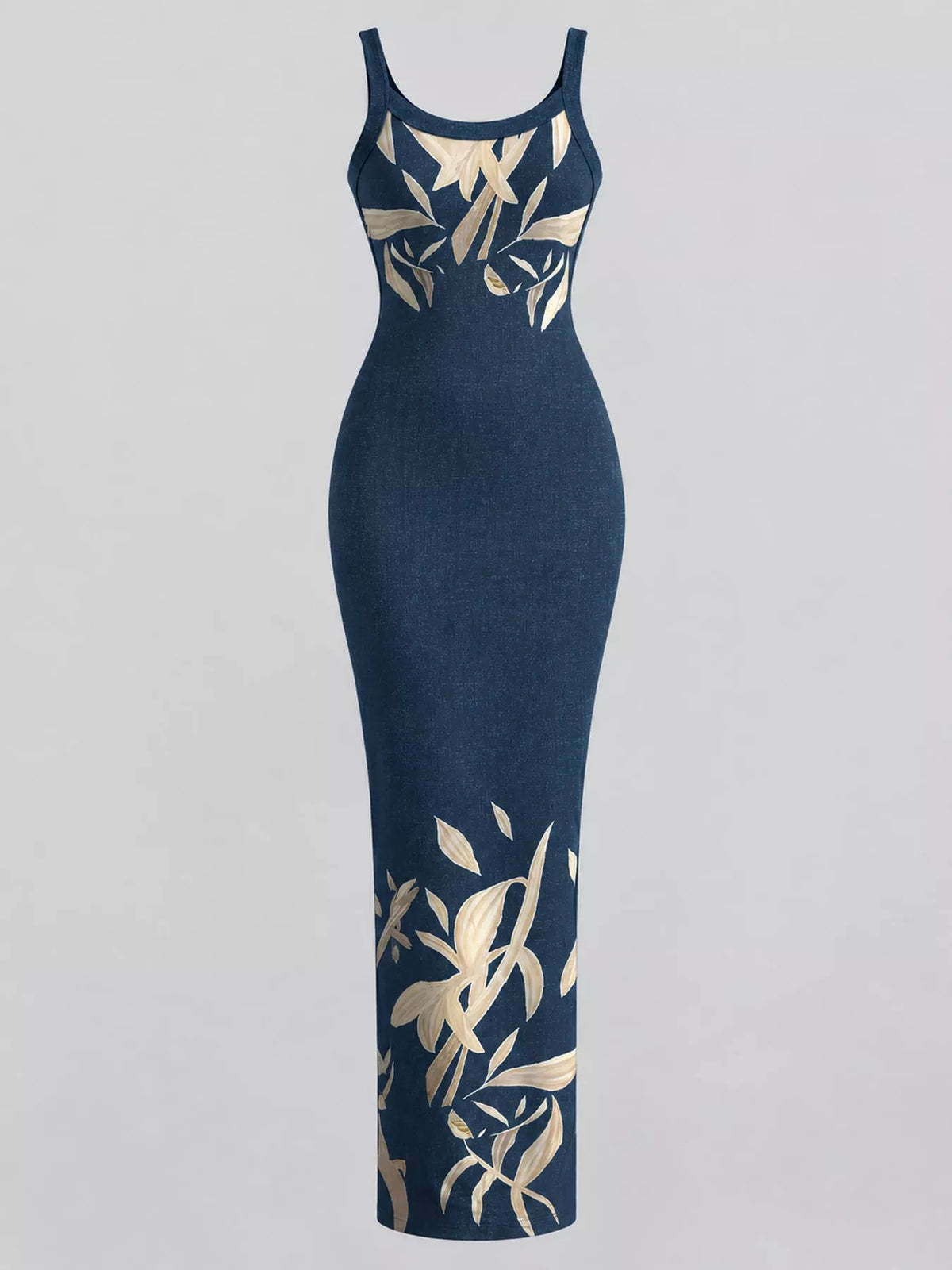 Bodycon maxi dress, navy leaf-print flat front