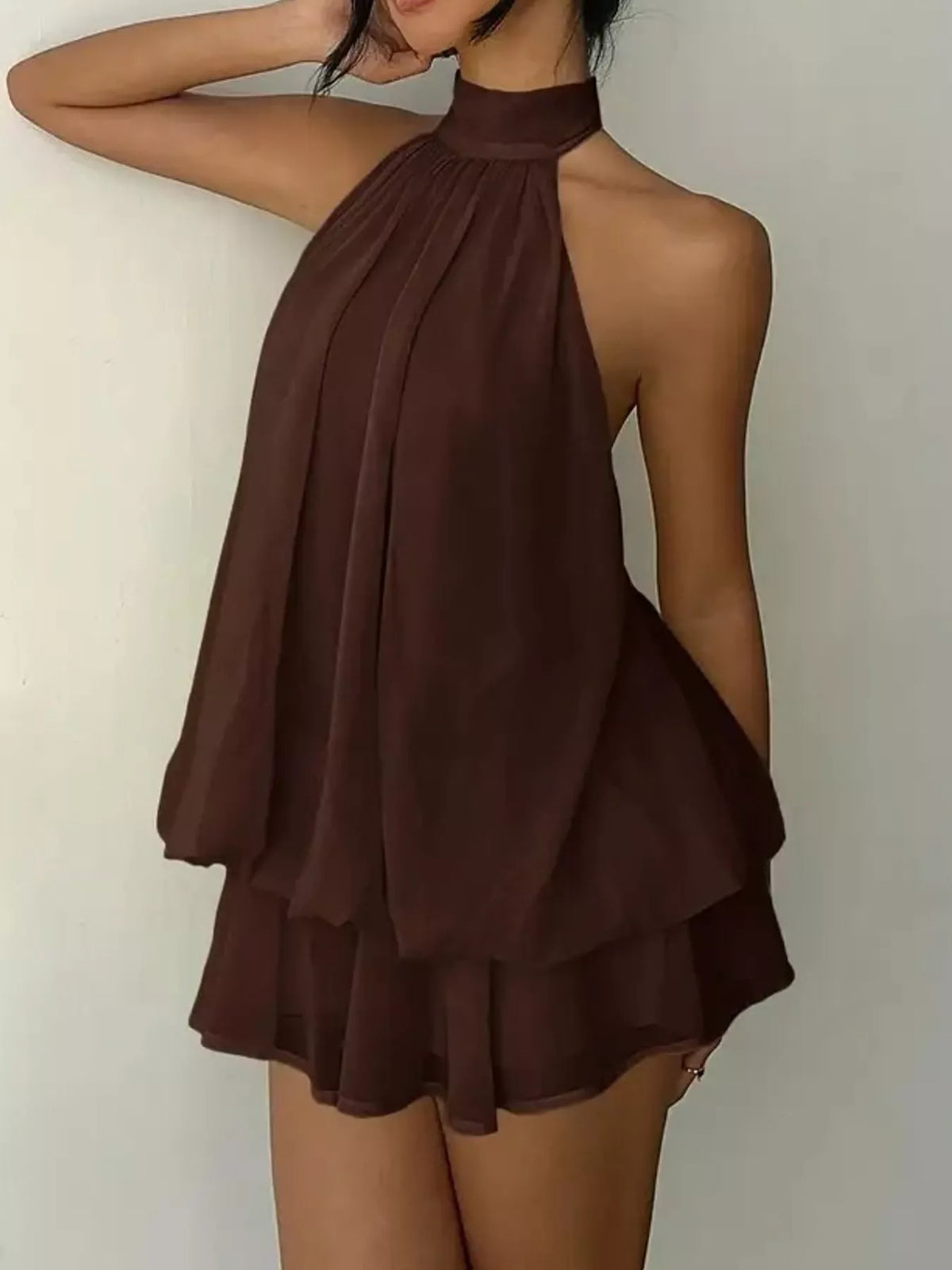 Brown halter neck chiffon mini dress
