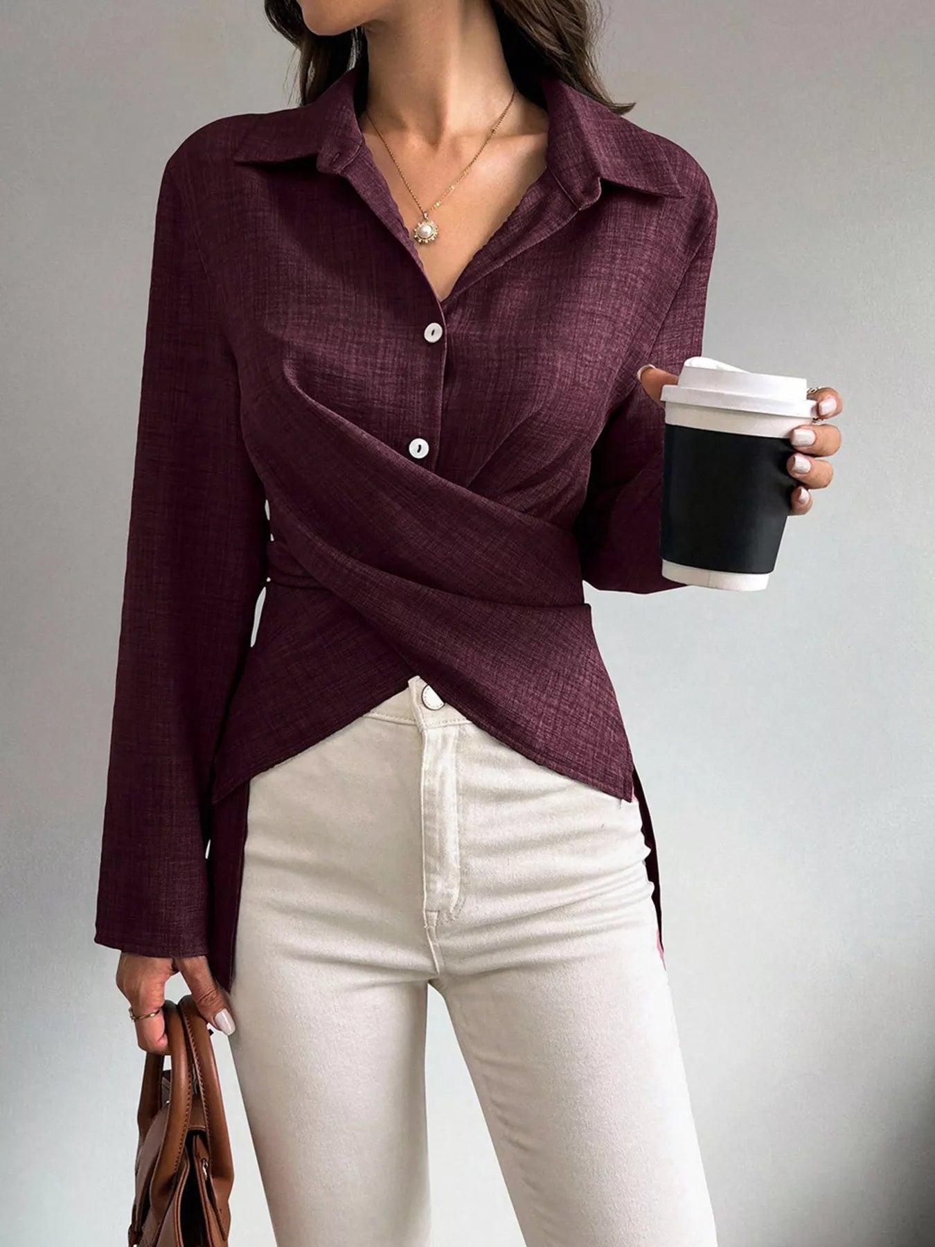 Trendsi Criss-Cross Wrap Front Long Sleeve Shirt -