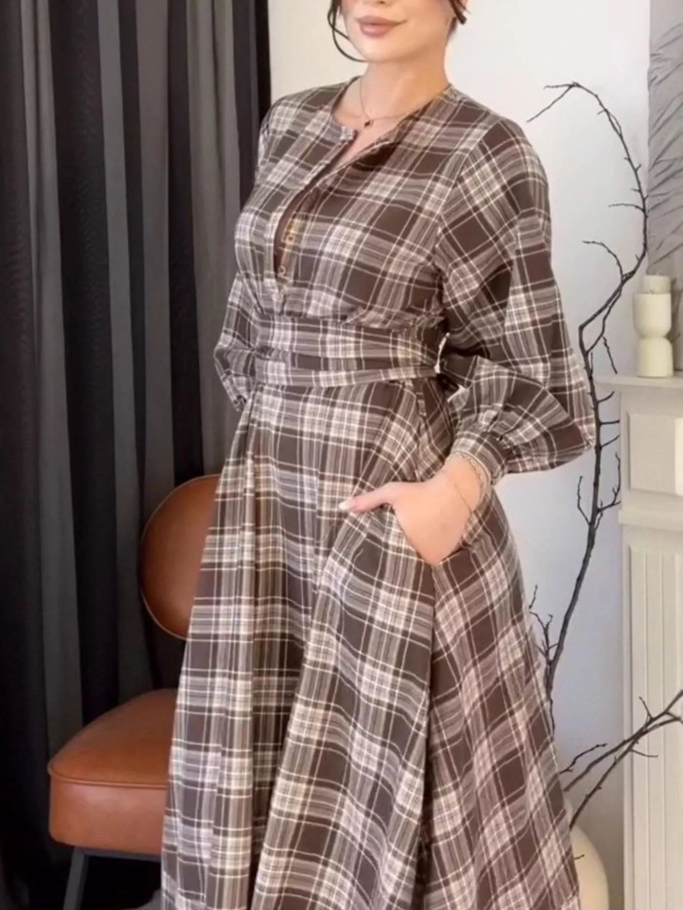 Trendsi Vintage Plaid Puff Sleeve Midi Dress -