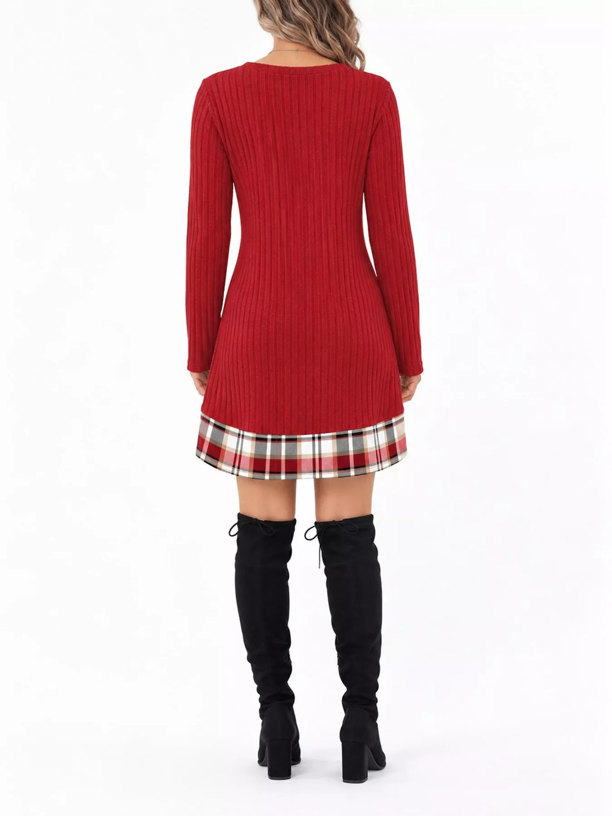 Round neck long sleeve mini dress, back view