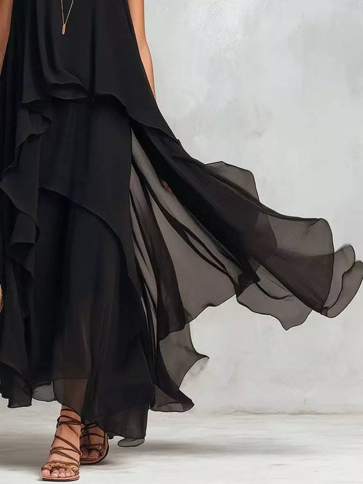 Tiered maxi dress, black sheer tiered skirt