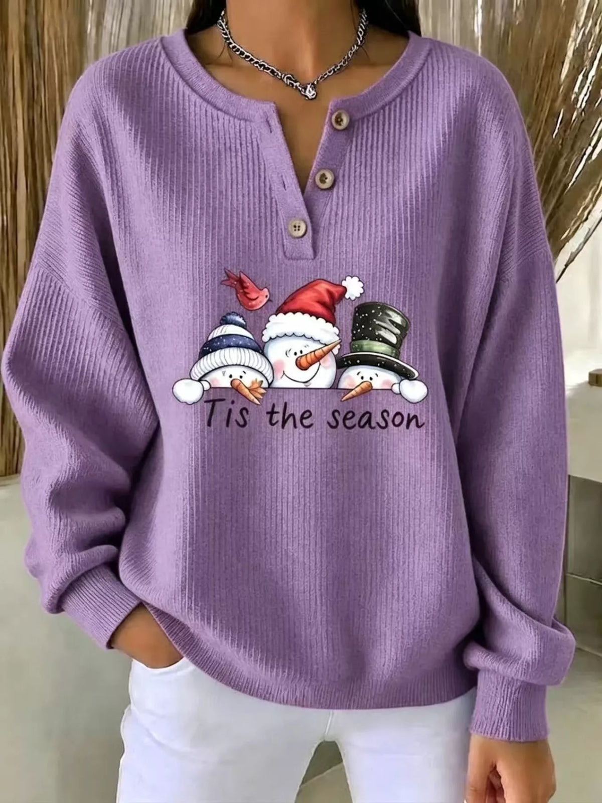 Snowman graphic ribbed Henley sweatshirt in mauve, front view