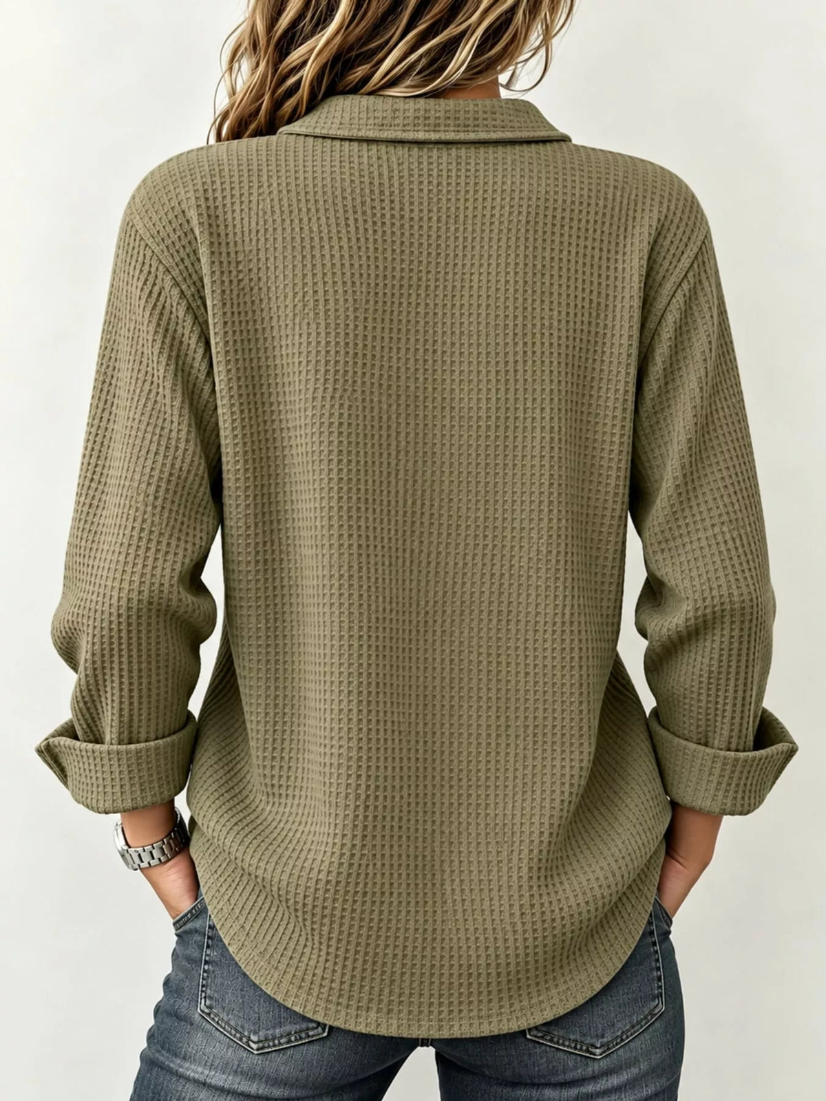 Olive waffle knit long sleeve polo top, back view