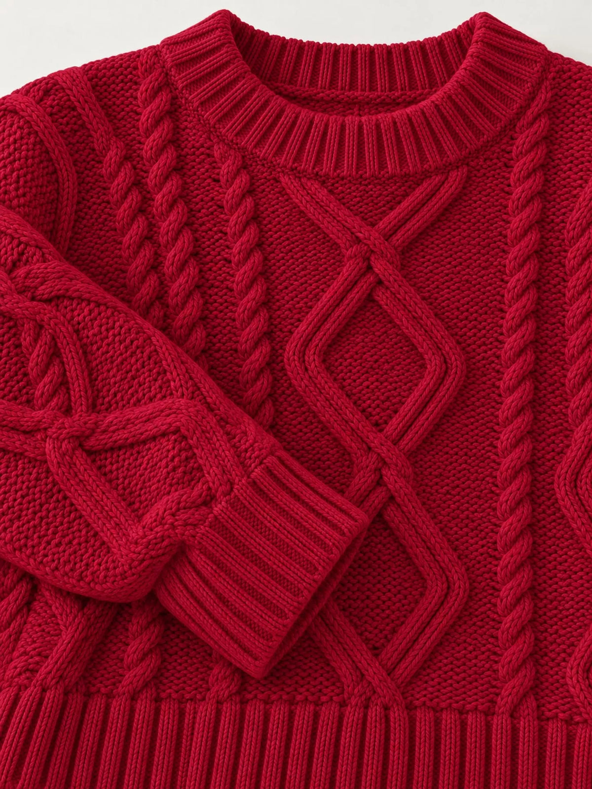 Red cable-knit round neck sweater, detail view