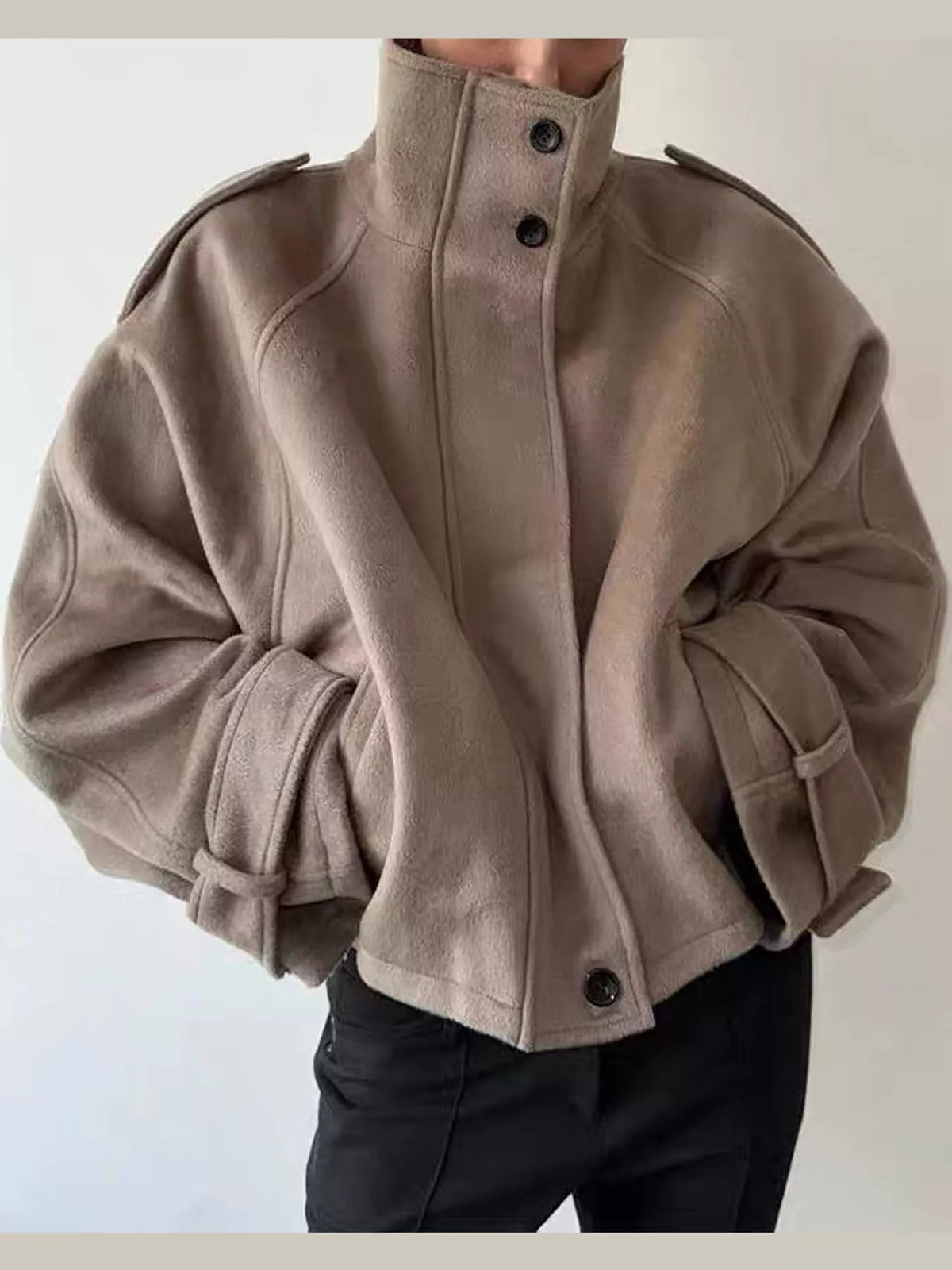 Taupe zip-up stand-collar jacket — front view