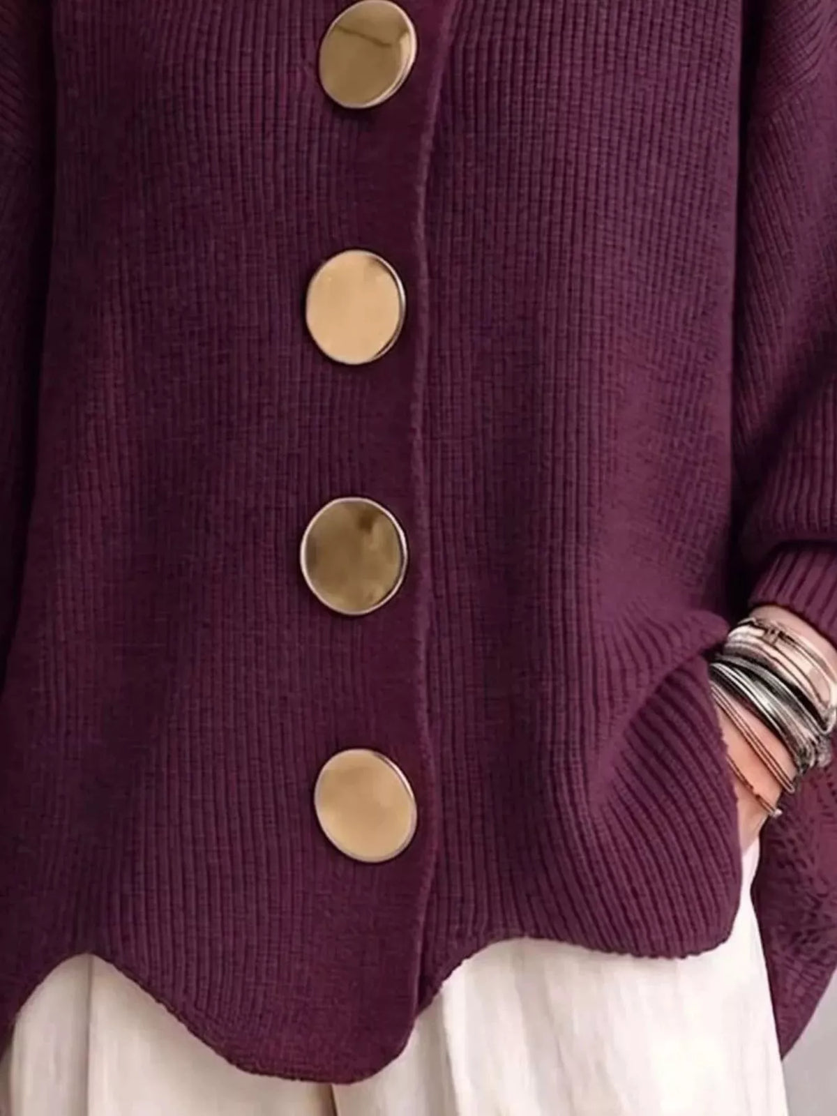 Trendsi Full Size Gold Buttons Lantern Sleeve Cardigan Plus Size -