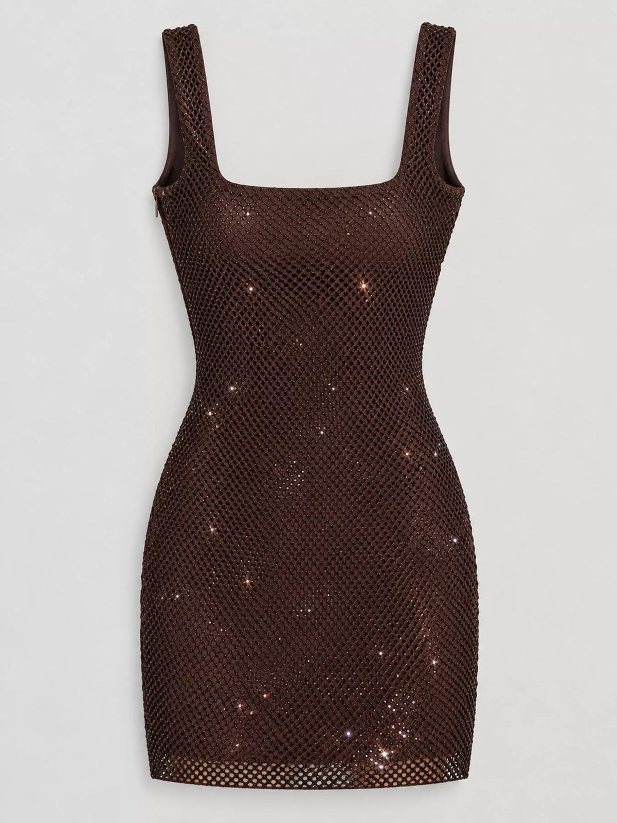 Women's Backless Rhinestone Embellished Bodycon Mini Dress in brown — flat lay view