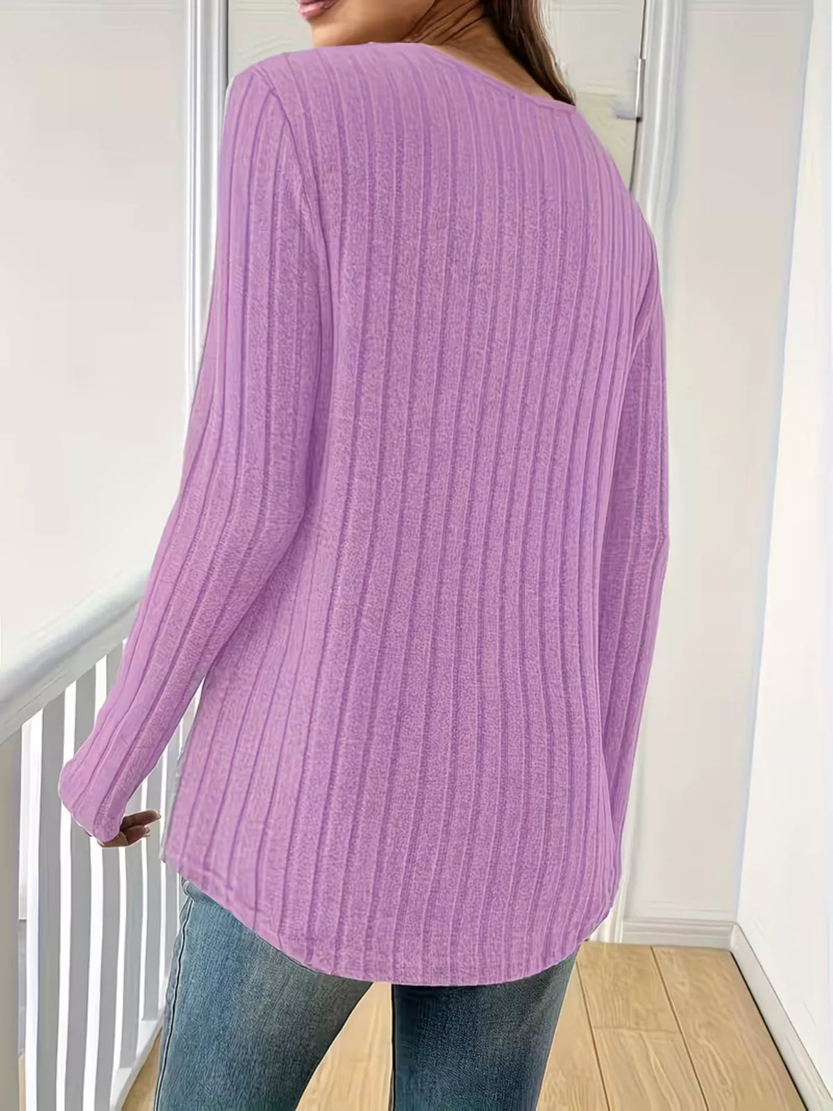 Women's Ribbed Knit Long Sleeve T-Shirt in lavender — back view