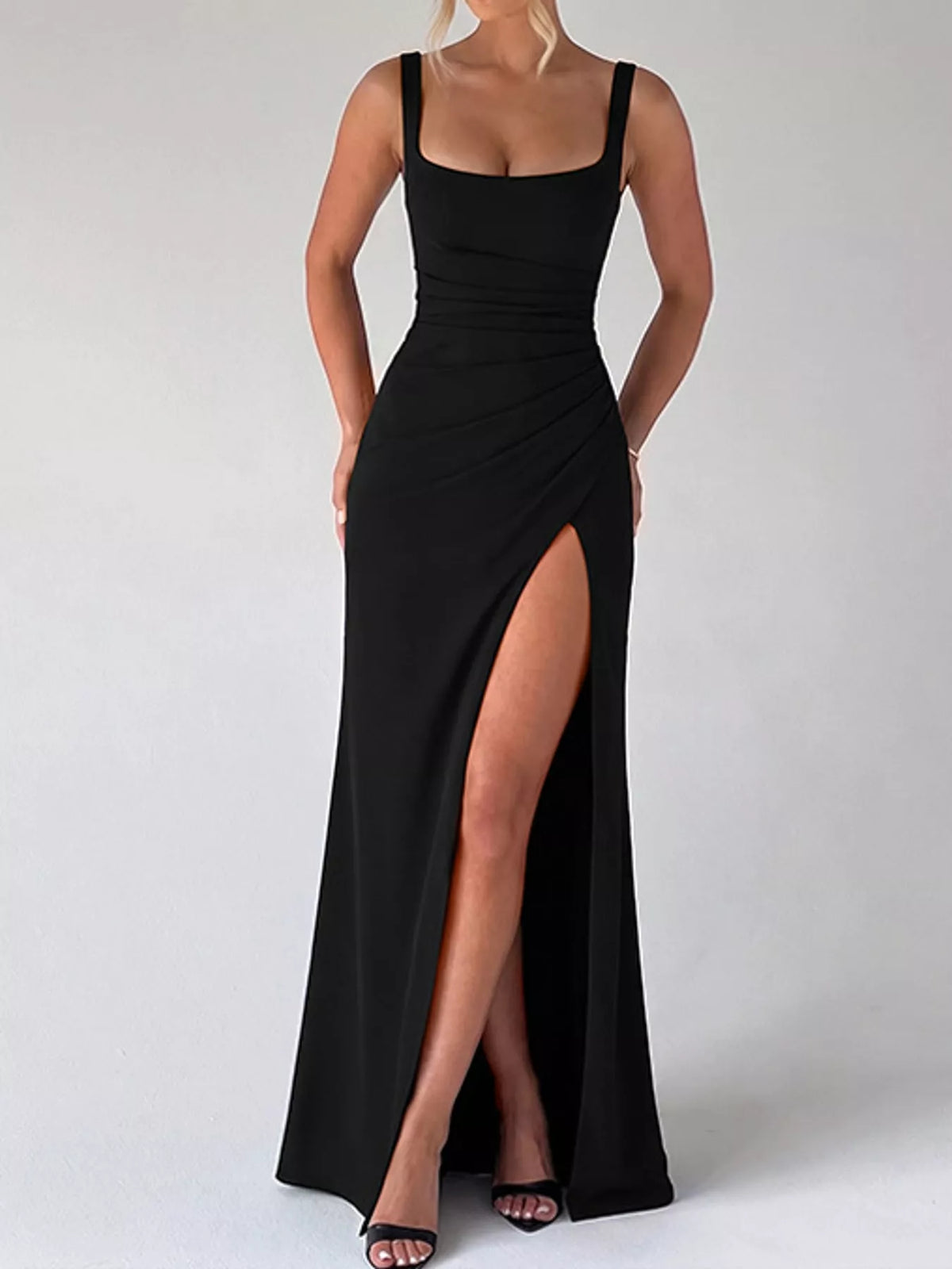 Women's Sleeveless High-Slit Evening Maxi Dress in black — front view