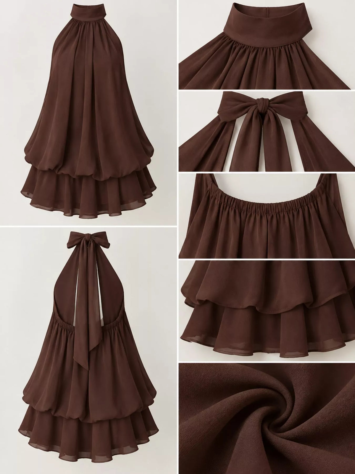 Brown halter neck layered mini dress, front, back and detail collage