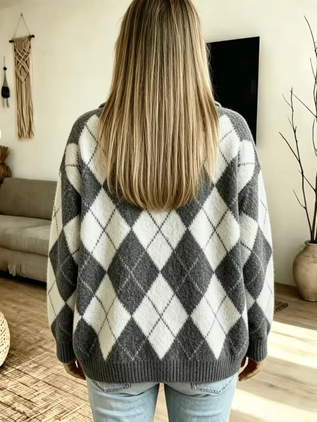 Women's Argyle Pattern Polo Collar Sweater in gray and white — back view